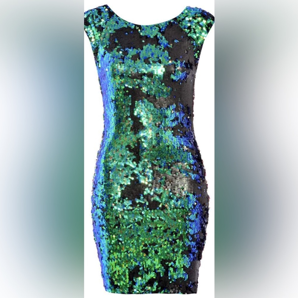 NWT AX‎ Paris Iridescent Sequin Bodycon Dress. Size 14. Green/Black Sequins.